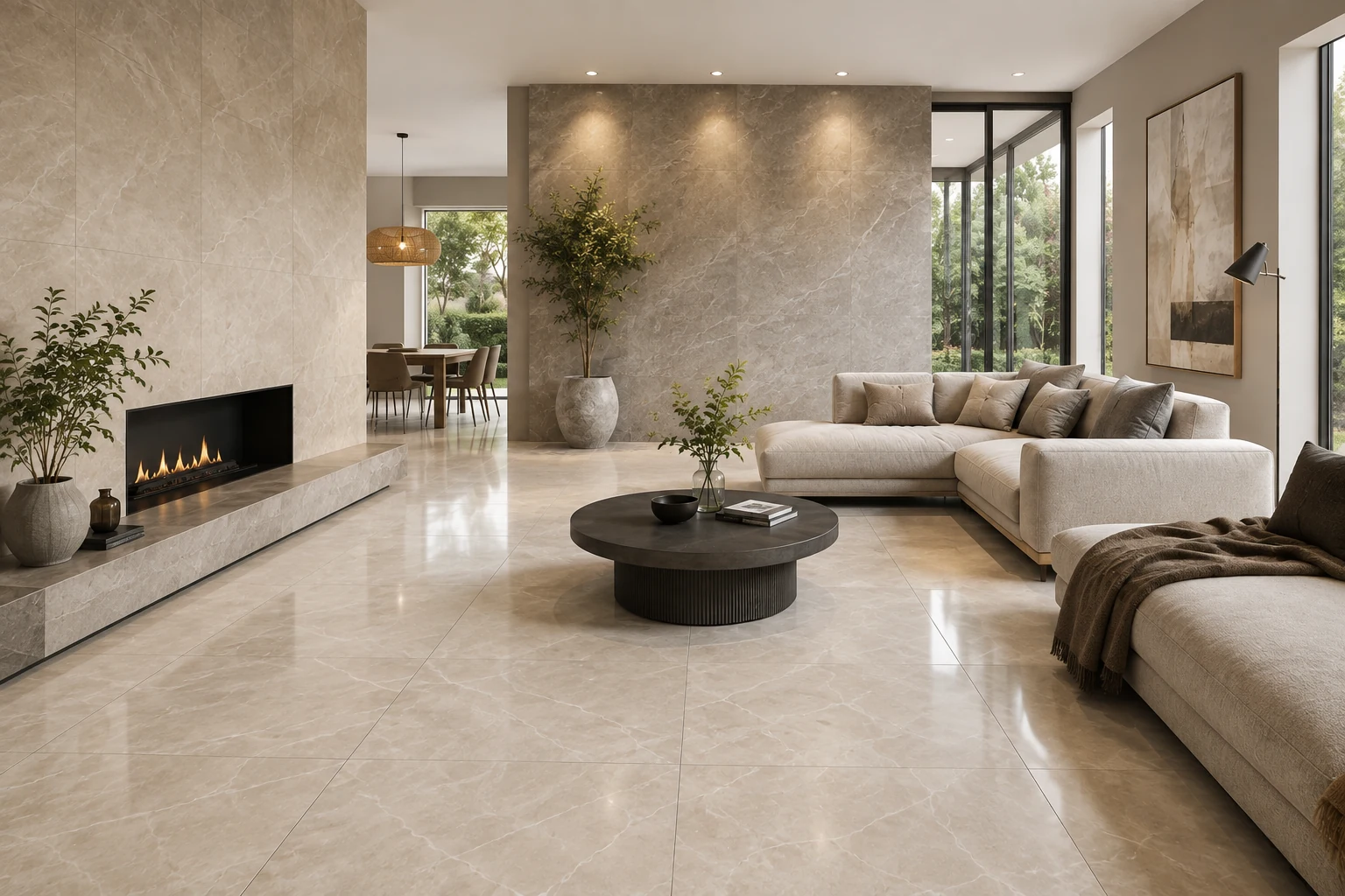 Sala moderna con porcelanato beige de Ceramyn Porcelanatos en Lima