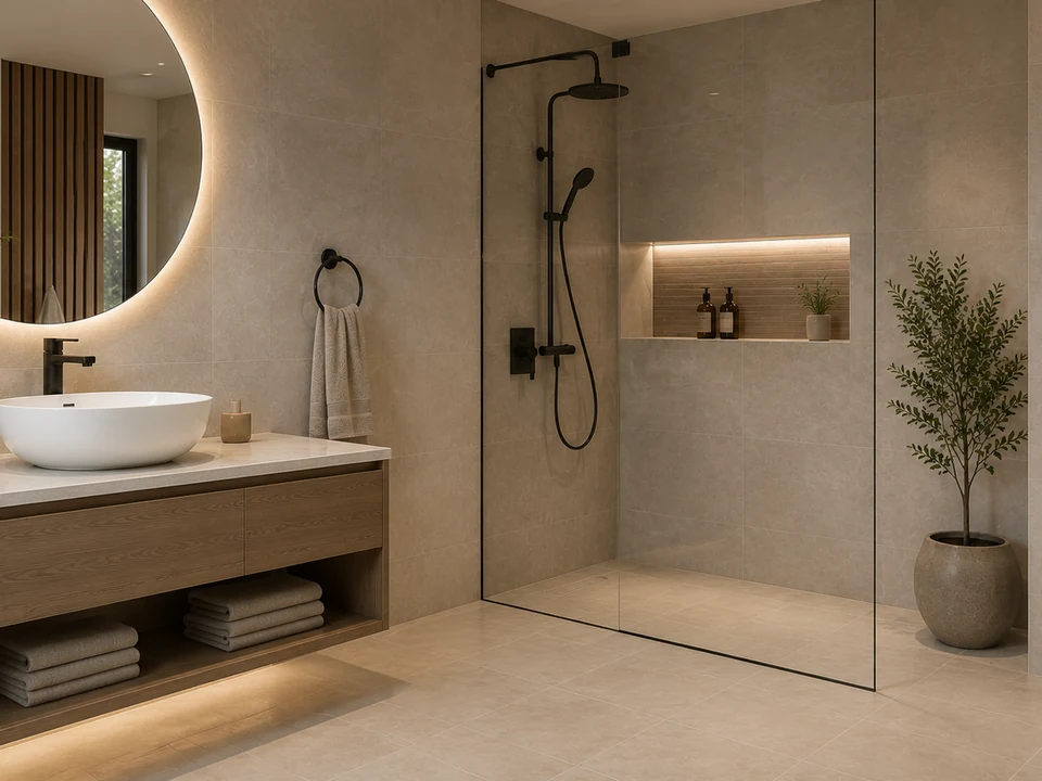 Baño moderno con cerámicos y porcelanatos para paredes y pisos en Lima