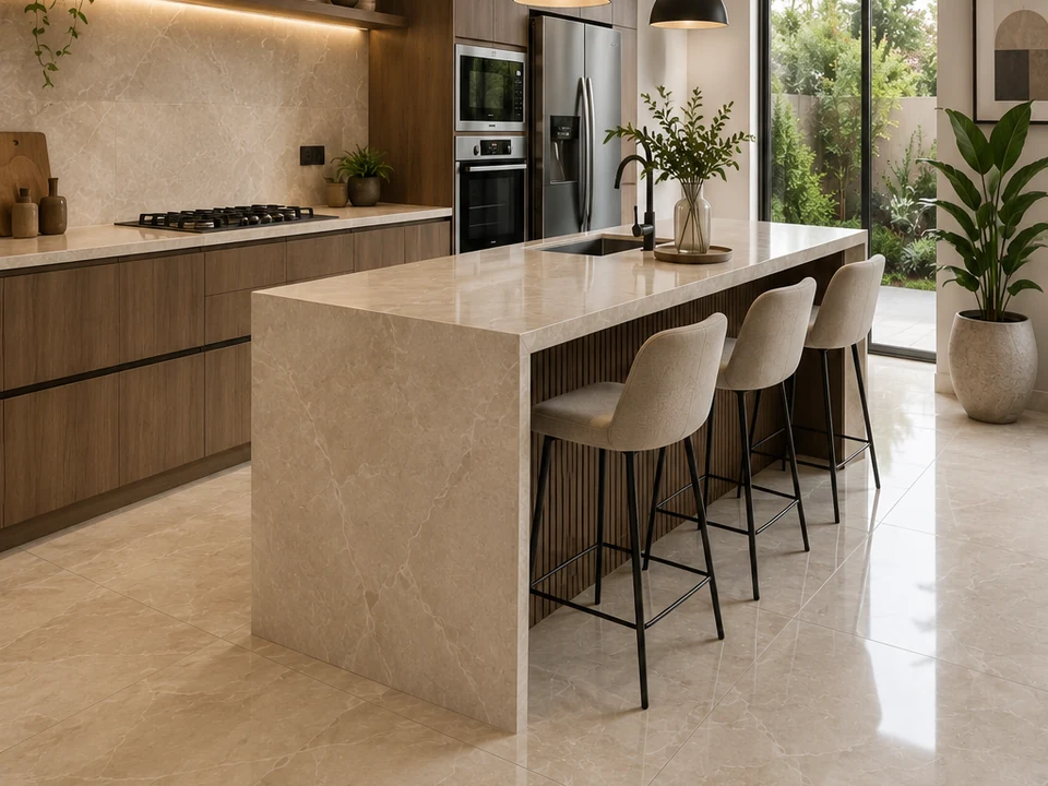 Cocina moderna con porcelanato para piso y mesón disponible en Ceramyn Lima