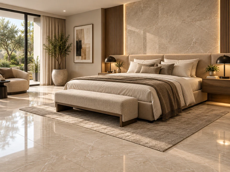 Habitación elegante con piso de porcelanato marmoleado en tonos cálidos